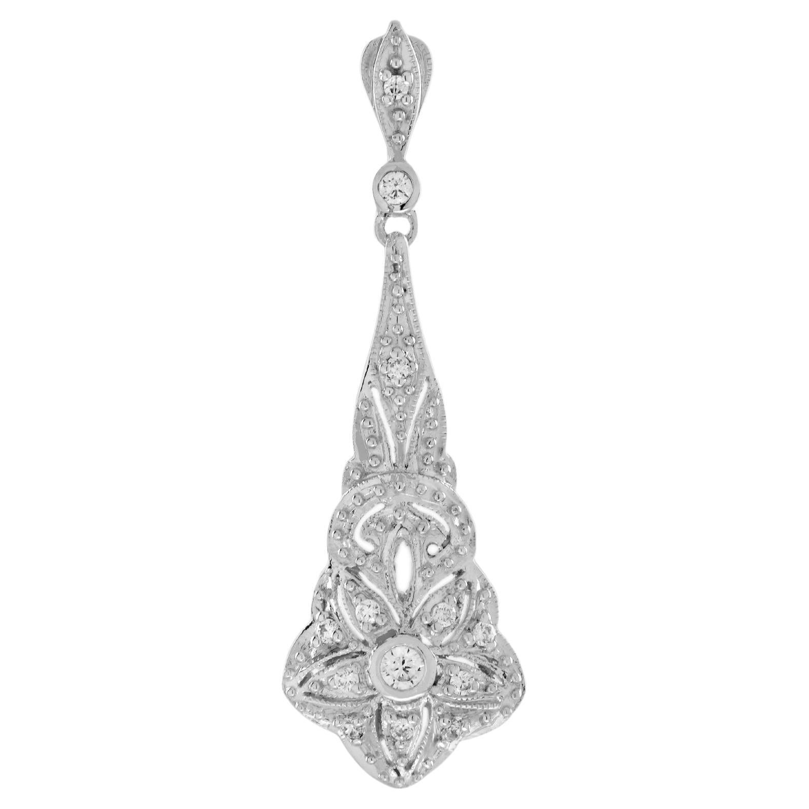 Diamond Art Deco Inspired Style Floral 14K White Gold Pendant For Sale