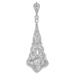 Diamond Art Deco Inspired Style Floral 14K White Gold Pendant