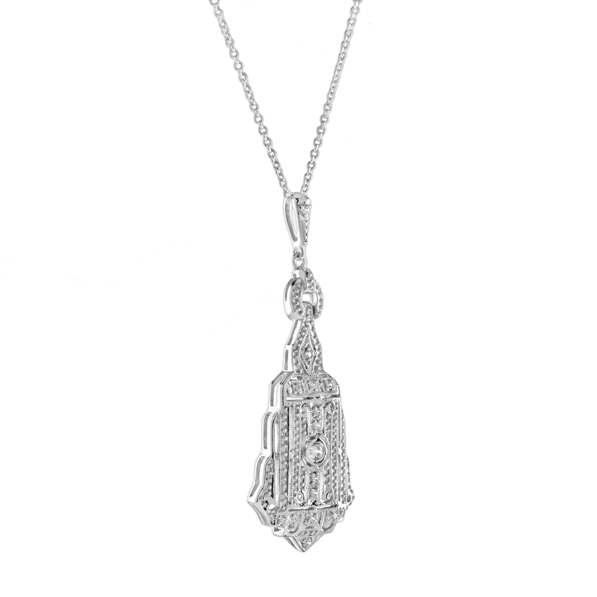 Graceful and sophisticated, this necklace boasts a shimmering Art Deco inspired pendant adorned with a unique design of round and baguette diamonds, finished with a sparkling diamond bail.
Information
Style: Art Deco
Width: 17 mm.
Length: 48 mm.