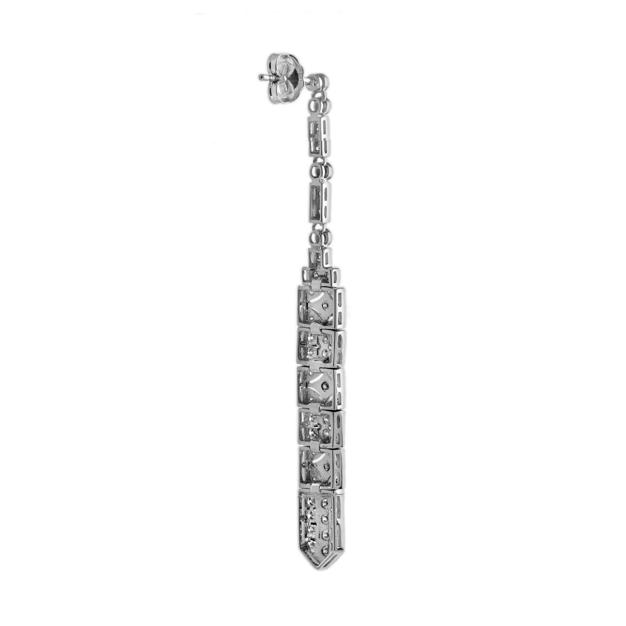 Round Cut Diamond Art Deco Style Bar Dangle Earrings in 14K White Gold  For Sale