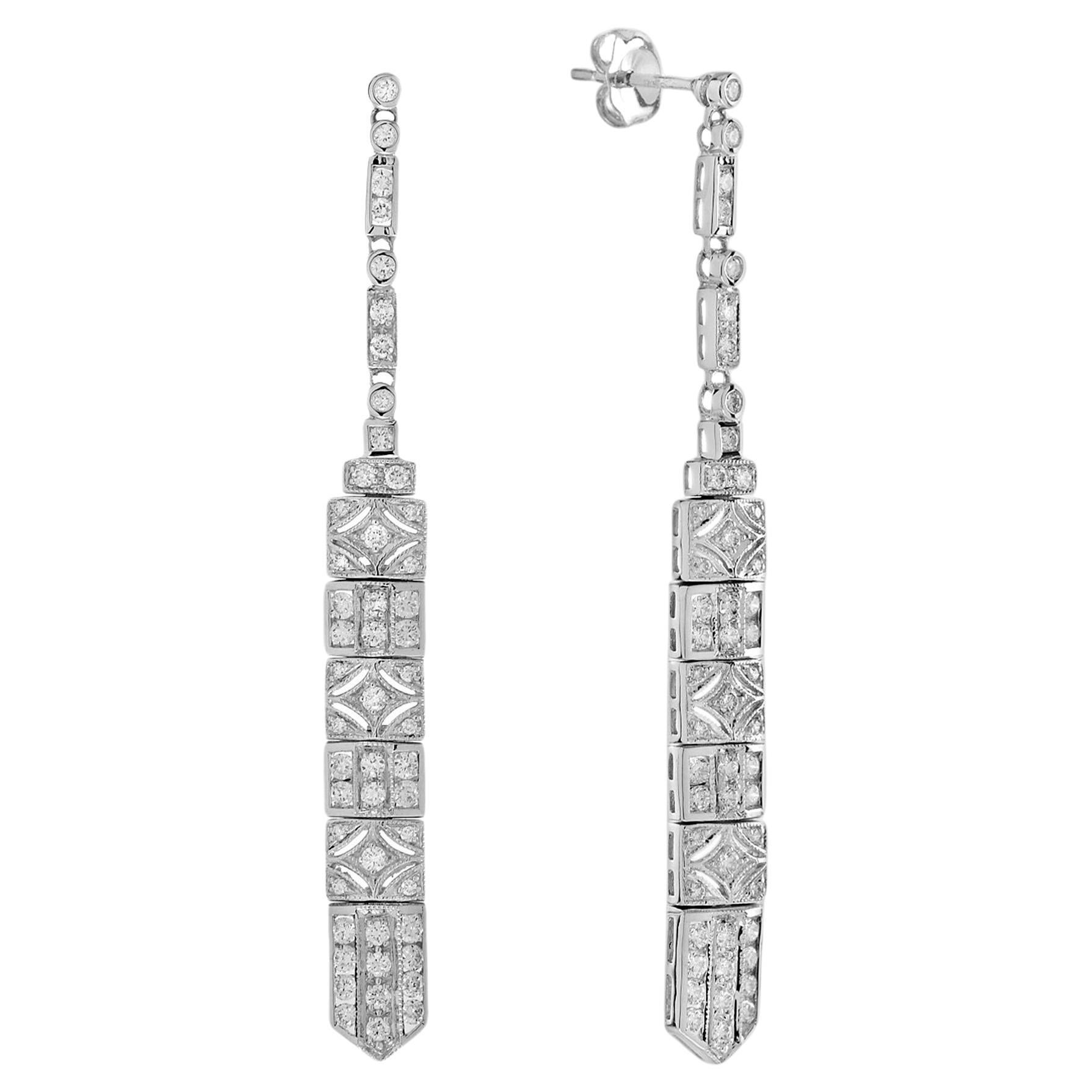 Diamond Art Deco Style Bar Dangle Earrings in 14K White Gold 