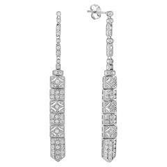 Diamond Art Deco Style Bar Dangle Earrings in 14K White Gold 