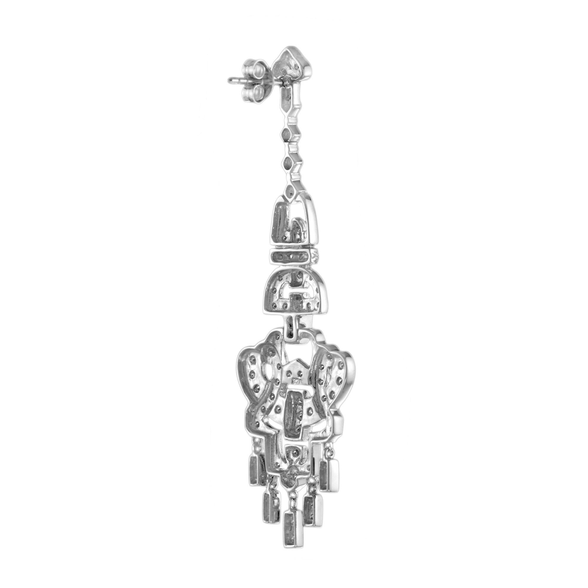 Round Cut Diamond Art Deco Style Chandelier 14K White Gold Drop Dangle Earrings For Sale