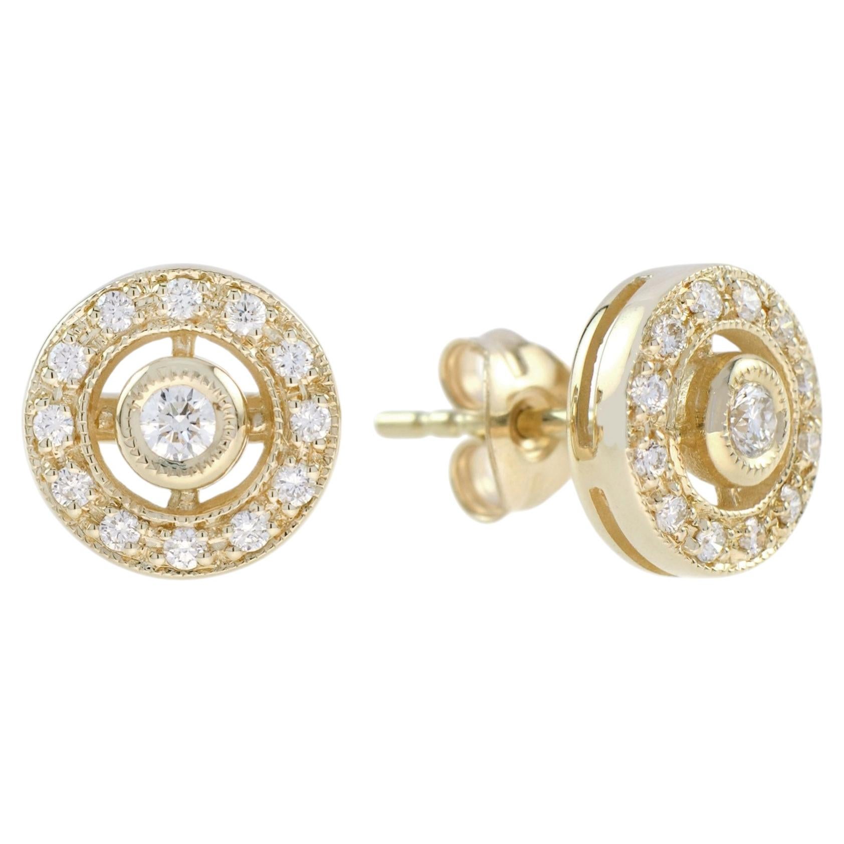 Diamond Art Deco Style Circular Stud Earrings in 14K Yellow Gold