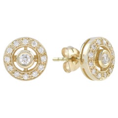 Diamond Art Deco Style Circular Stud Earrings in 14K Yellow Gold