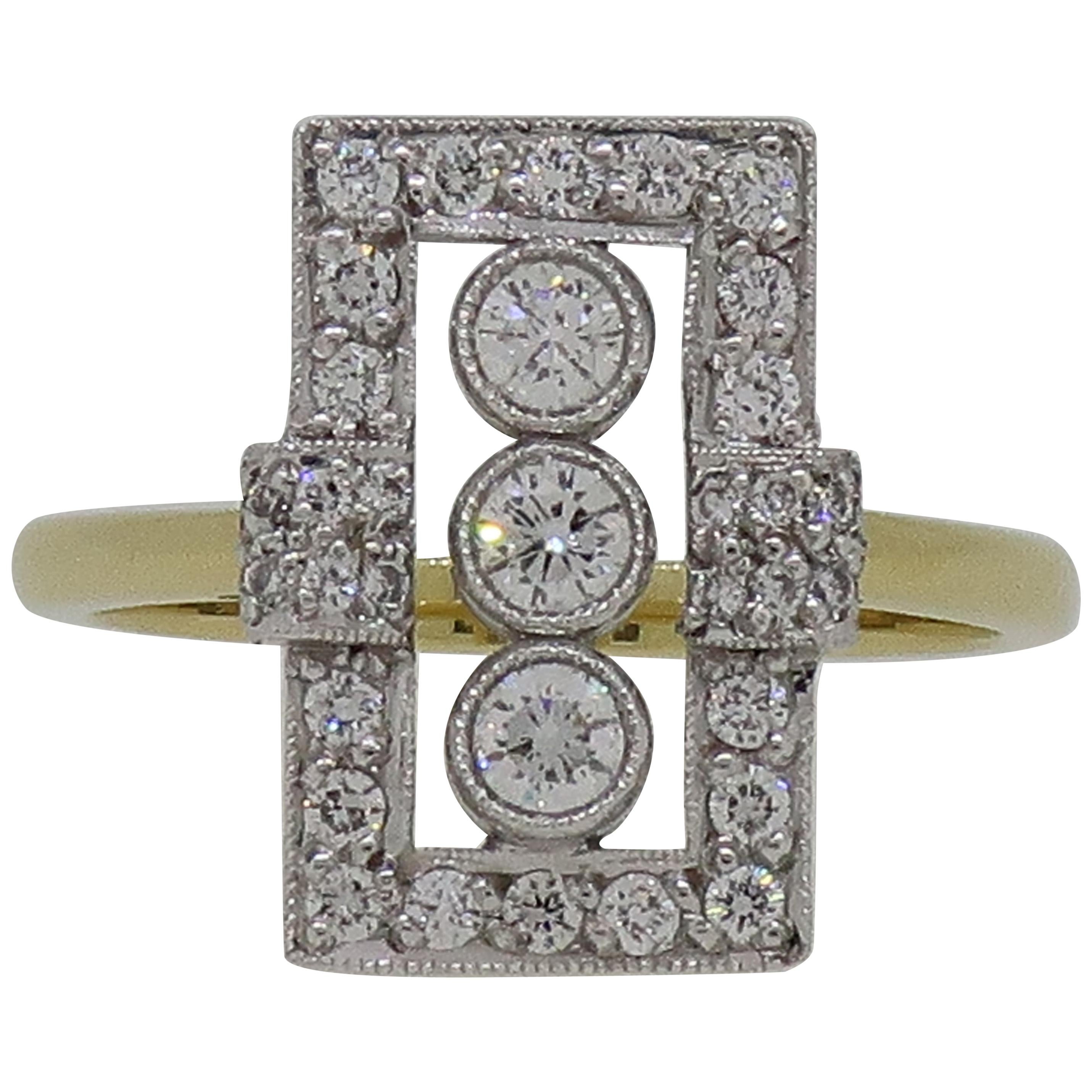 Diamond Art Deco Style Cluster Ring 18 Karat Yellow and White Gold