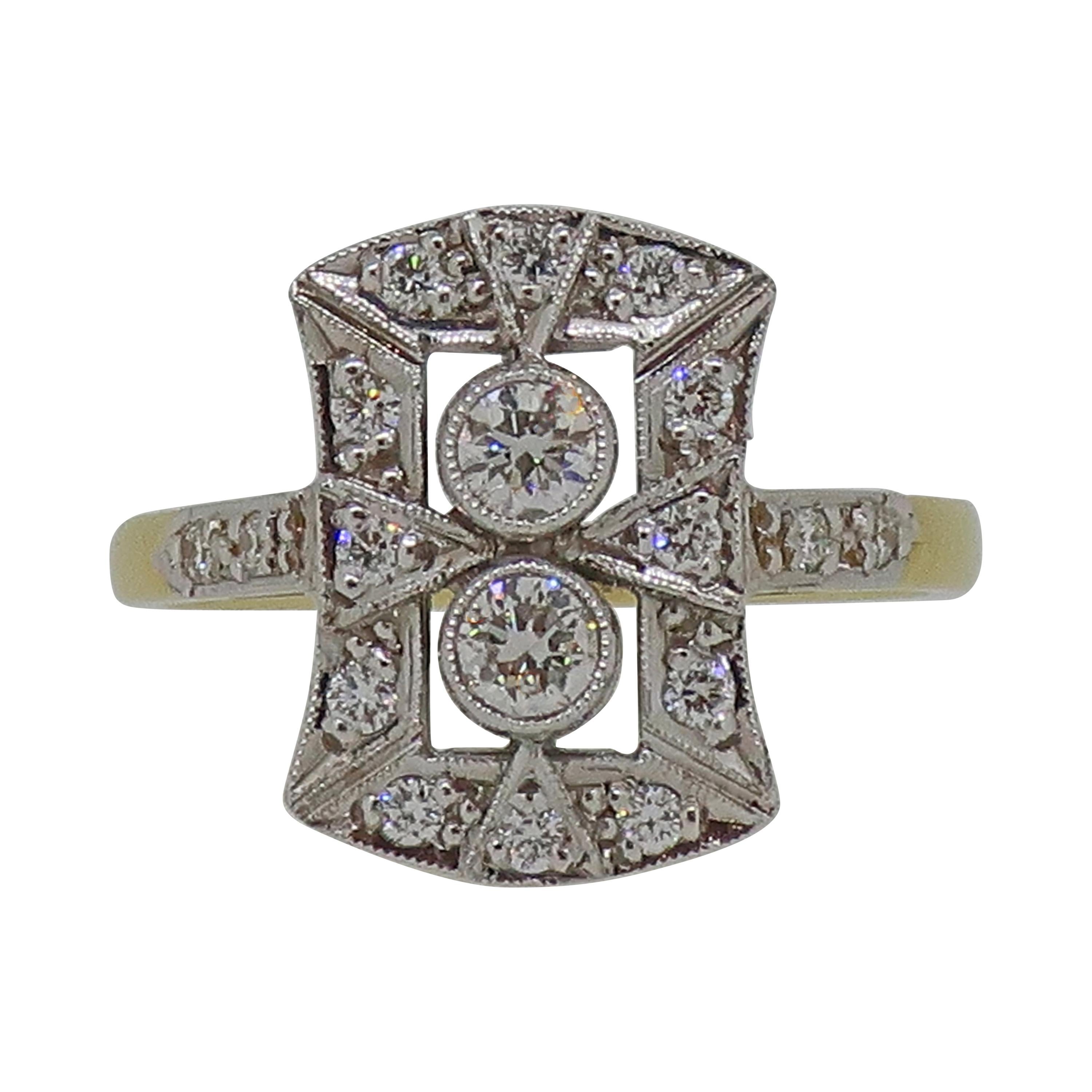 Diamond Art Deco Style Cluster Ring 18 Karat Yellow and White Gold For Sale