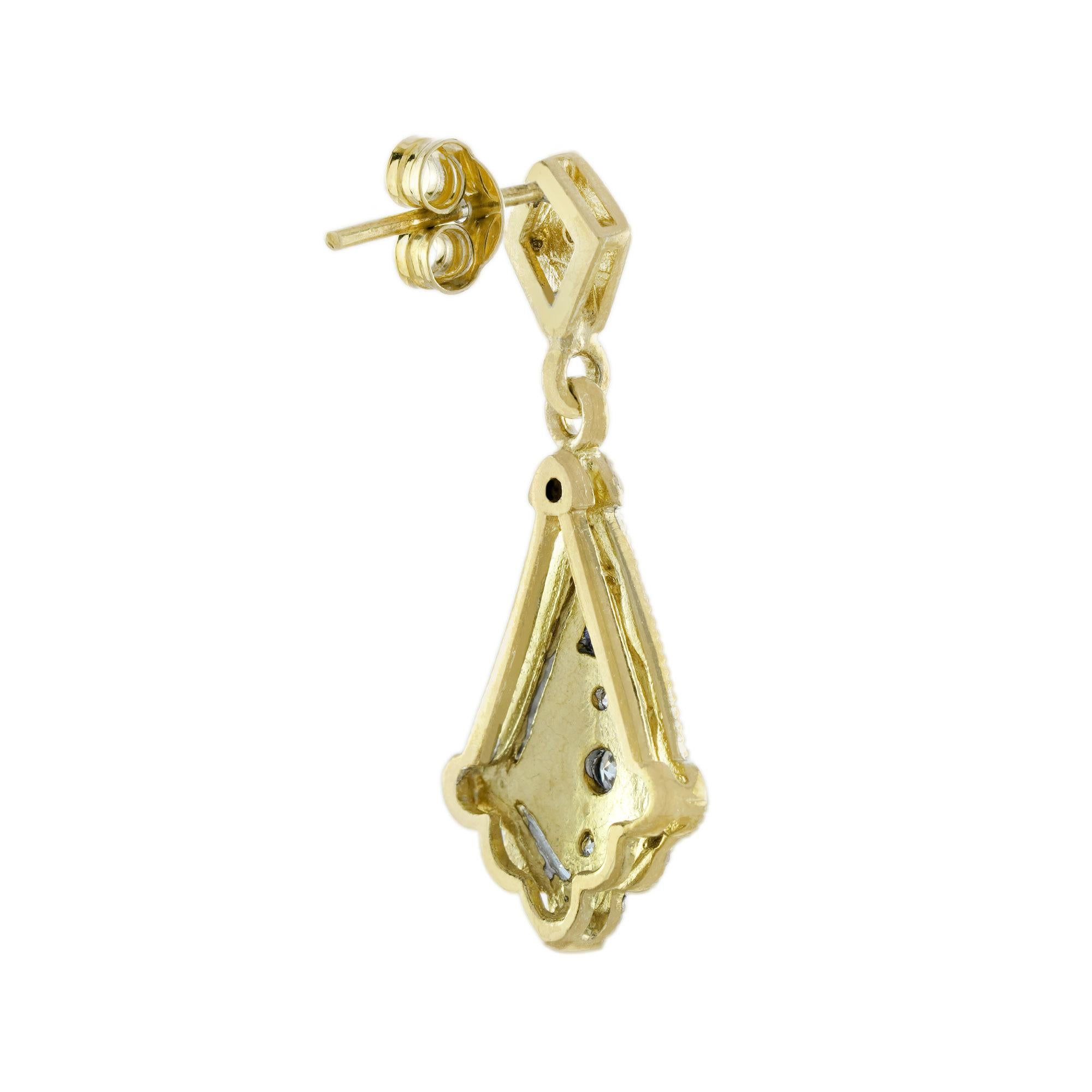Diamant Art Deco Stil Tropfen 14K zwei Tone Gold Ohrringe baumeln (Art déco) im Angebot