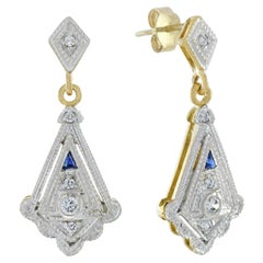 Diamond Art Deco Style Drop Earrings in 18K Two Tone Gold