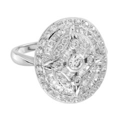 Diamond Art Deco Style Engagement Pave Set Cluster 14K White Gold Ring