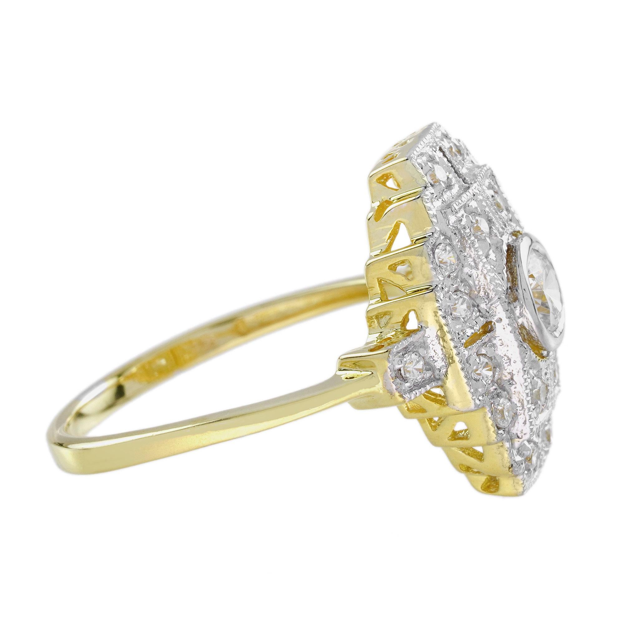 Taglio rotondo Anello di fidanzamento con diamante in stile Art Deco in oro bicolore 18 carati in vendita