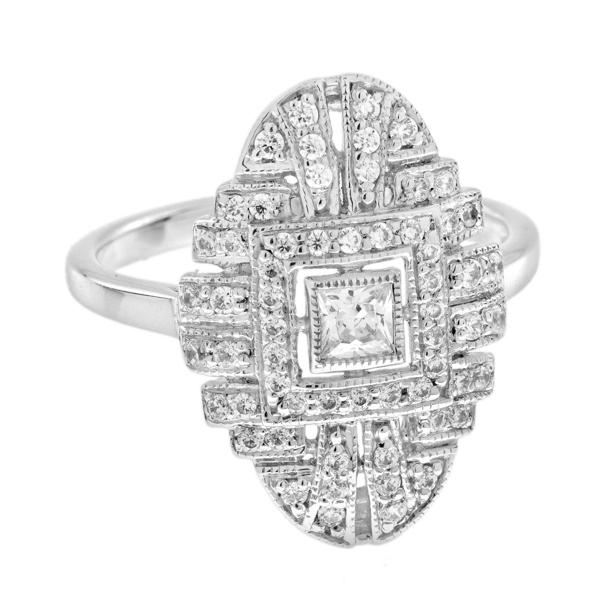 Taille carrée Bague de fiançailles en or blanc 18 carats avec diamant de style Art déco en vente