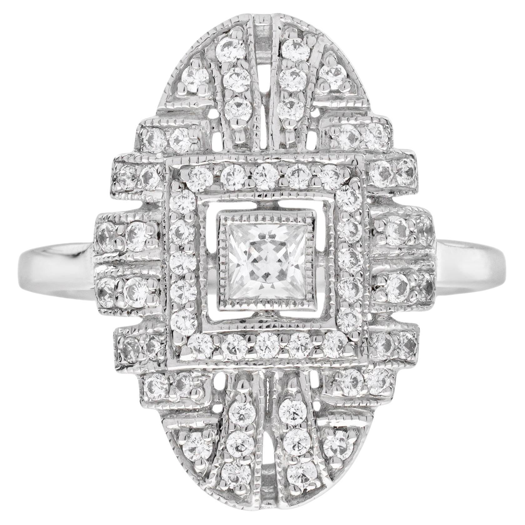 Anello di fidanzamento con diamante in stile Art Deco in oro bianco 18 carati in vendita