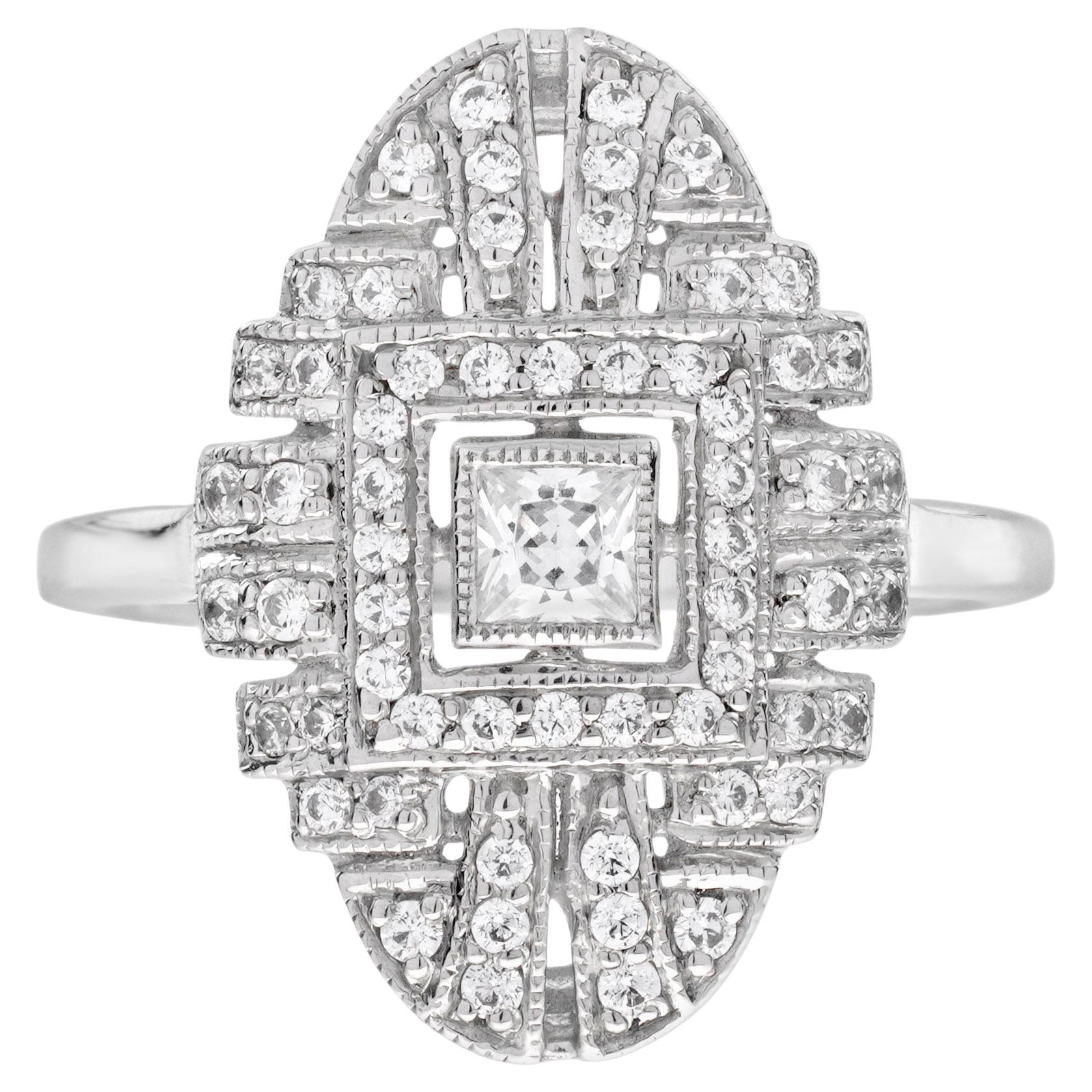 Anello di fidanzamento con diamante in stile Art Deco in oro bianco 18 carati