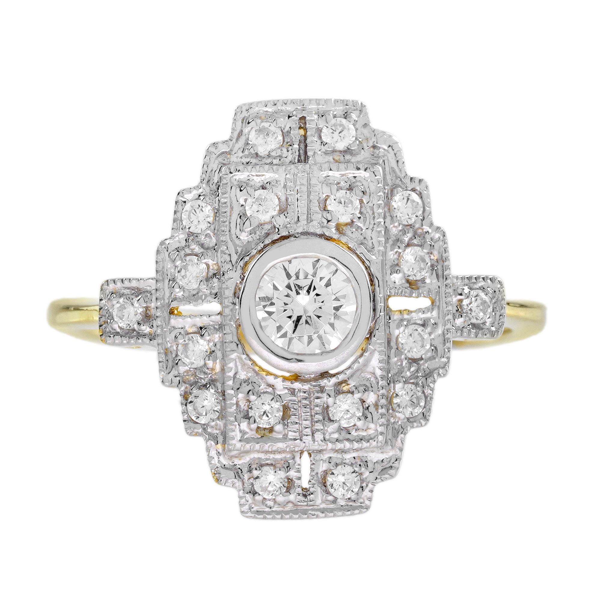 Taille ronde Bague de fiançailles en or bicolore avec diamant de style Art déco en vente