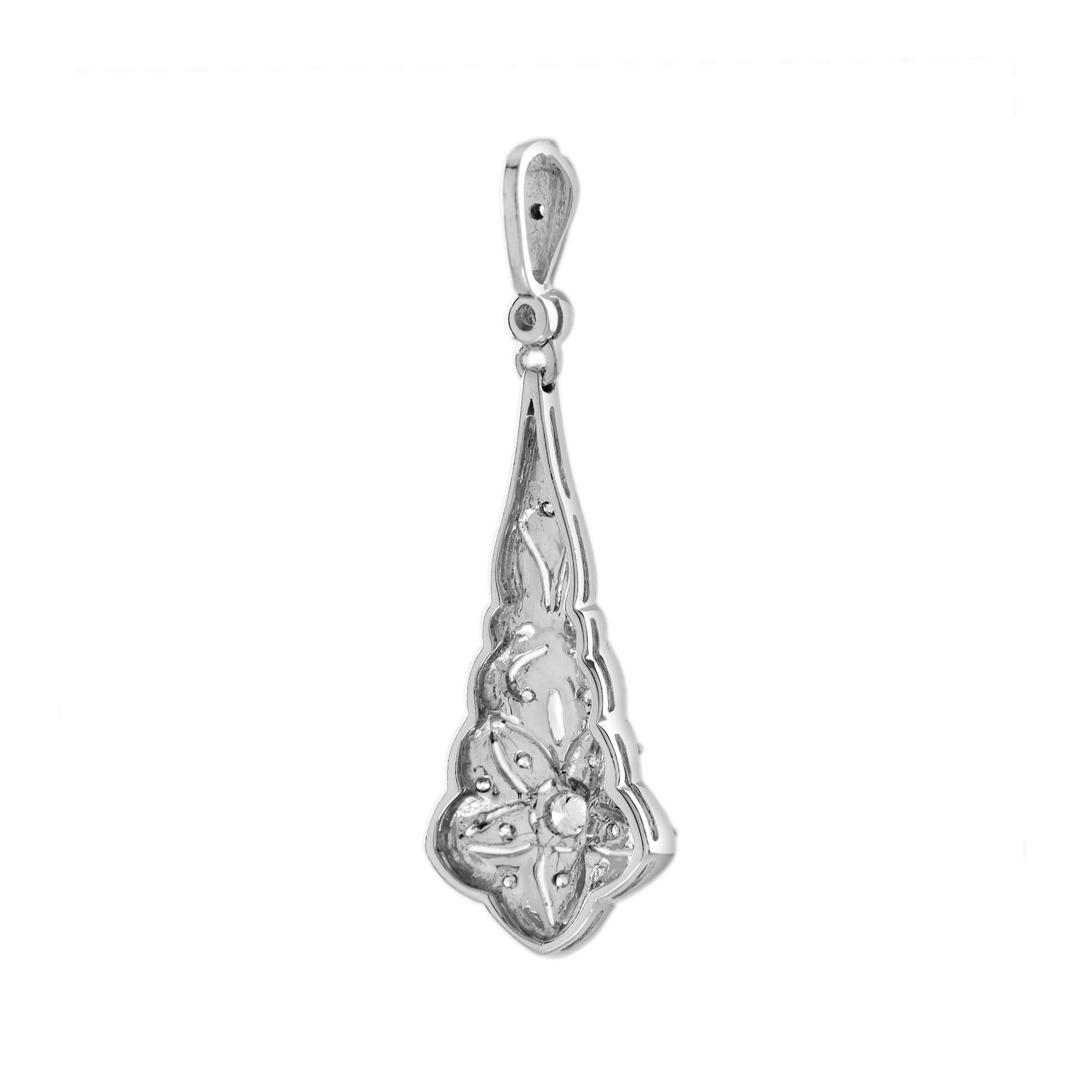 Round Cut Diamond Art Deco Style Floral Pendant in 14k White Gold For Sale