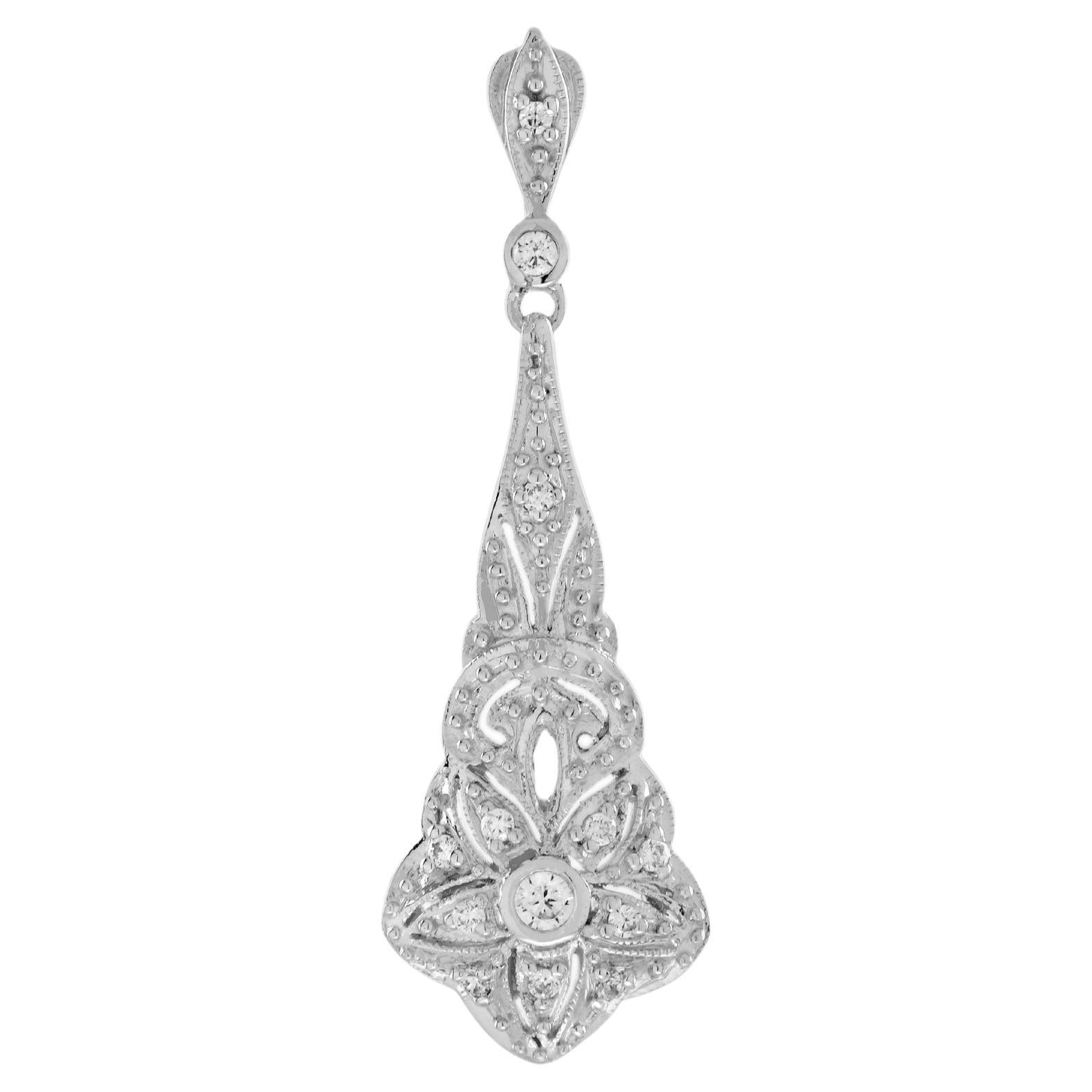 Diamond Art Deco Style Floral Pendant in 14k White Gold For Sale