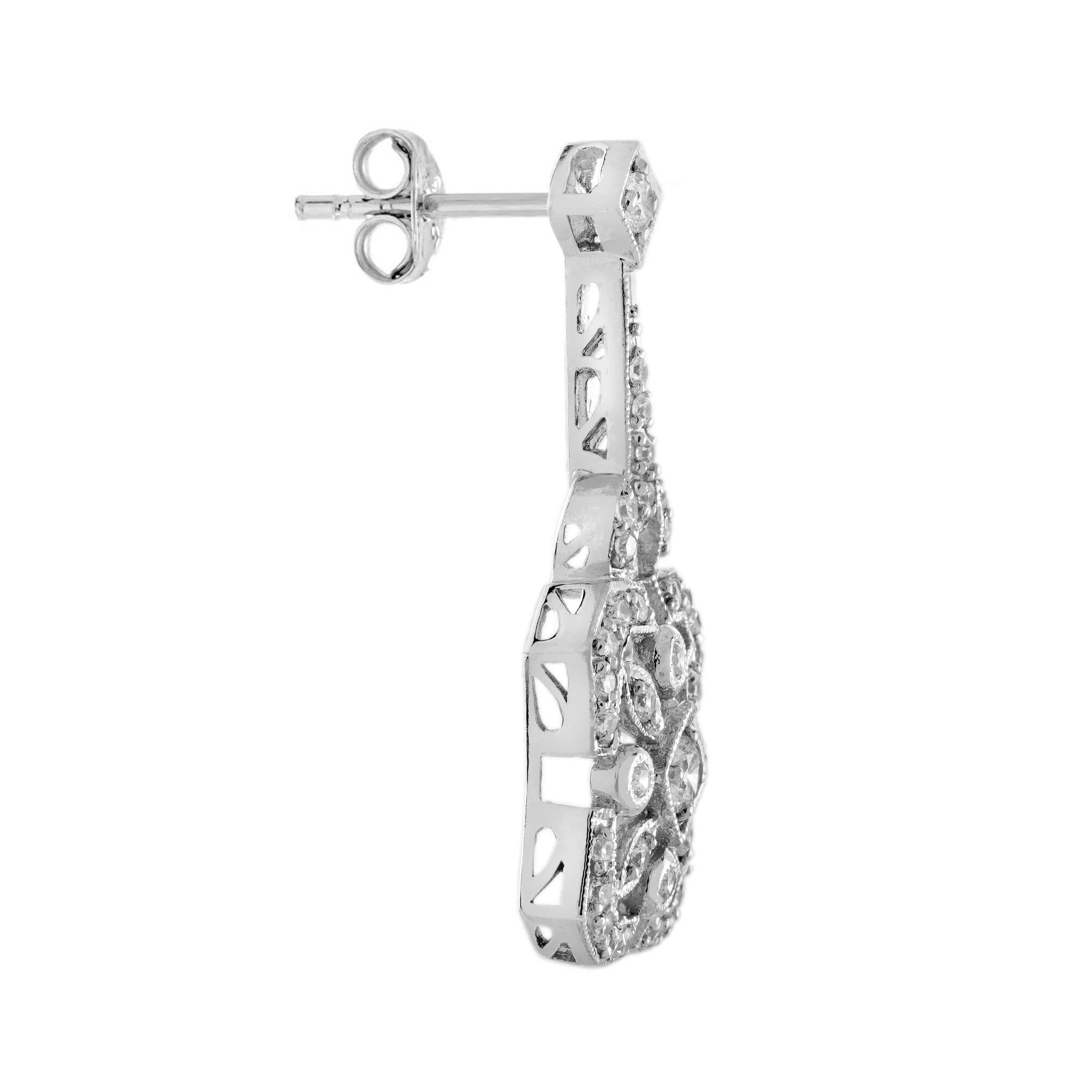 Round Cut Diamond Art Deco Style Geometric Floral Earrings in 18K White Gold For Sale