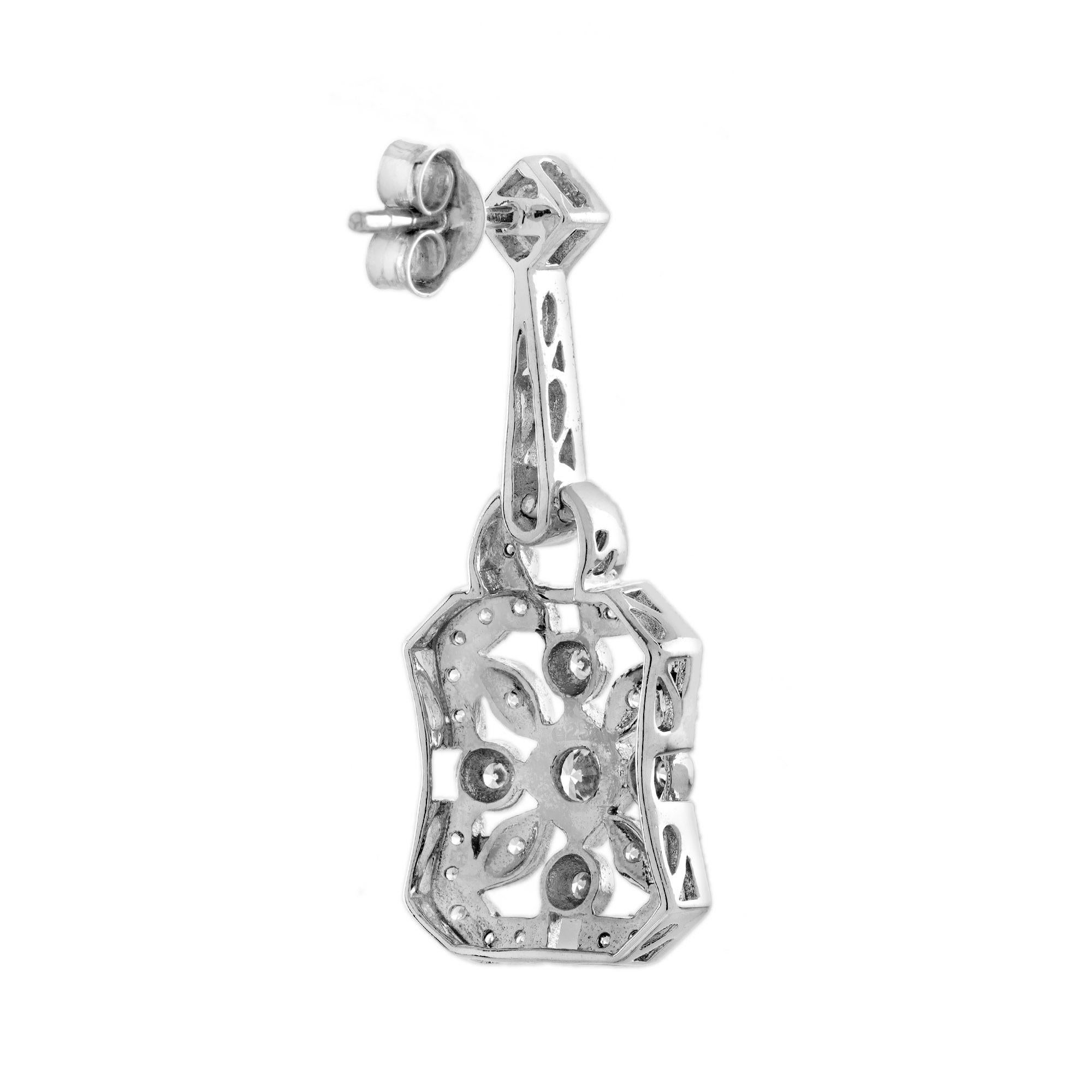 Diamond Art Deco Style Geometric Floral Earrings in 18K White Gold In New Condition For Sale In Bangkok, TH