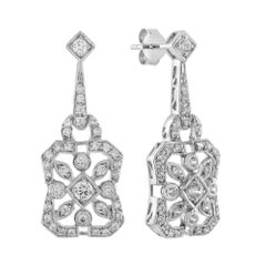 Diamond Art Deco Style Geometric Floral Earrings in 18K White Gold