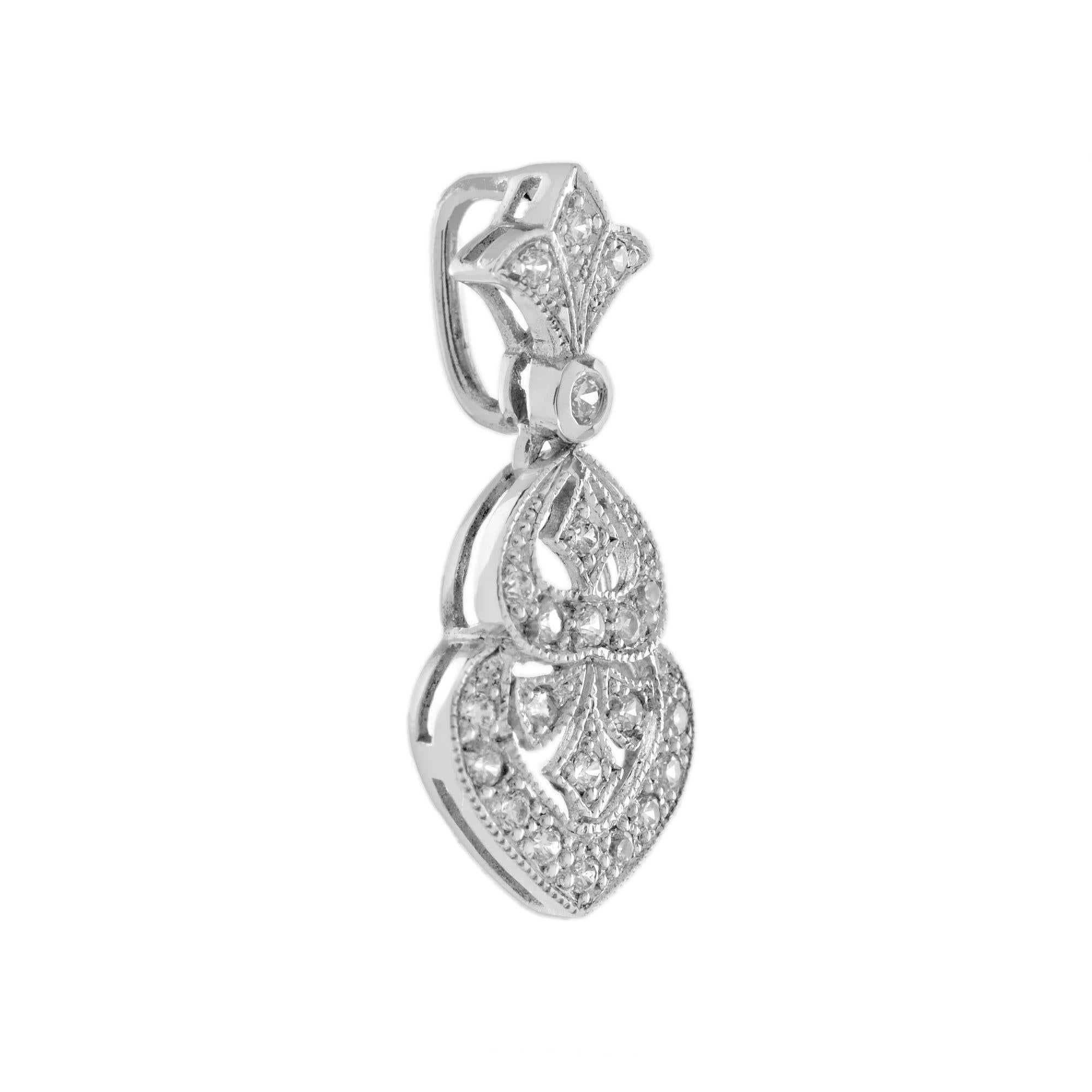 Round Cut Diamond Art Deco Style Lilly Pendant in 14K White Gold For Sale