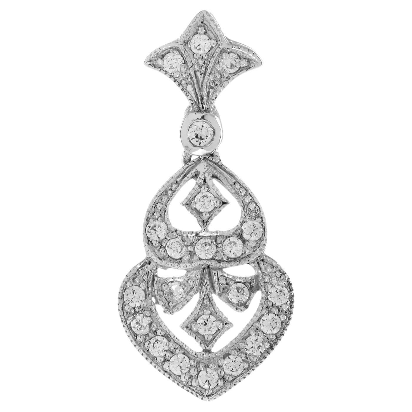 Diamond Art Deco Style Lilly Pendant in 14K White Gold