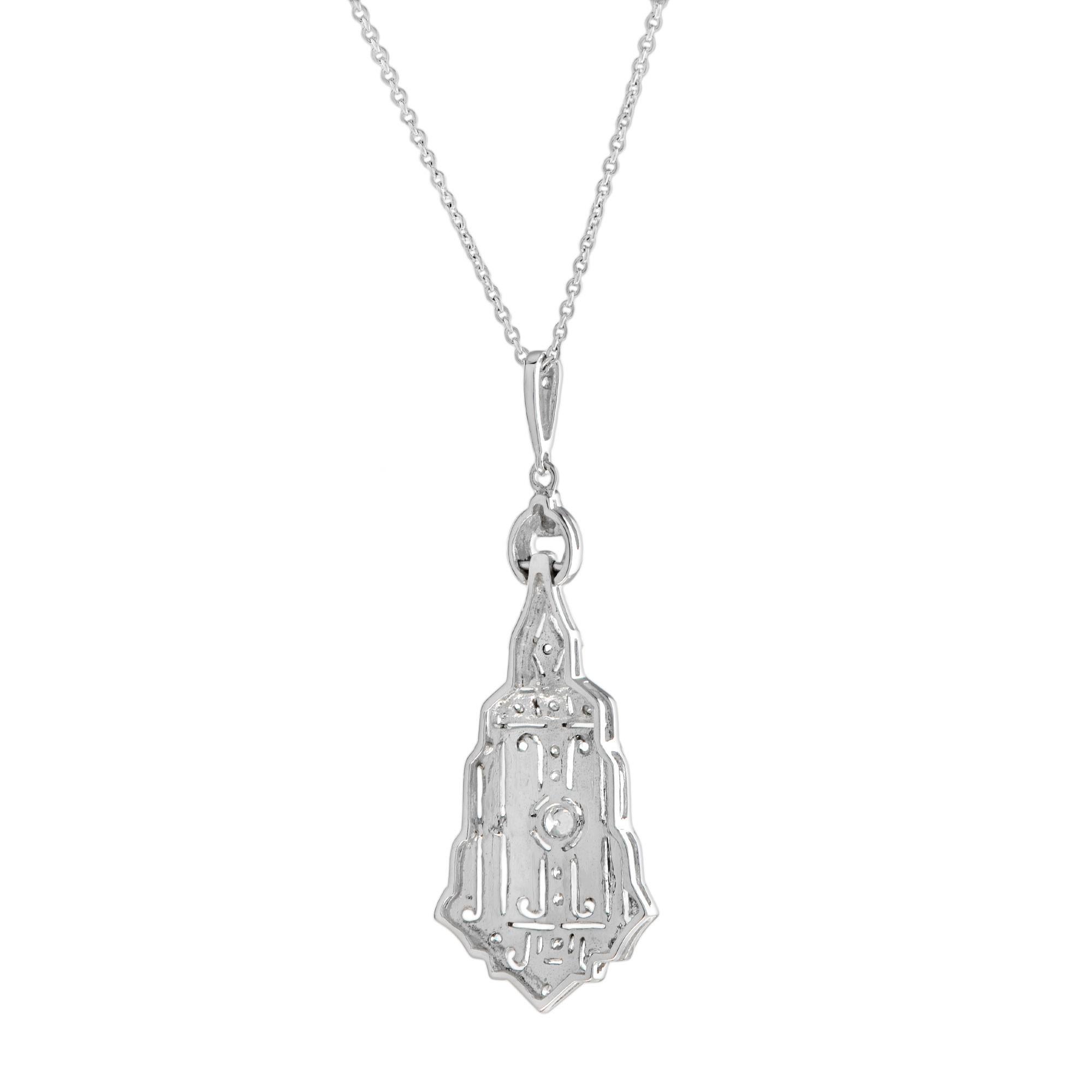 Halskette mit Diamant-Anhänger im Art-Déco-Stil aus 14 Karat Weißgold (Rundschliff)