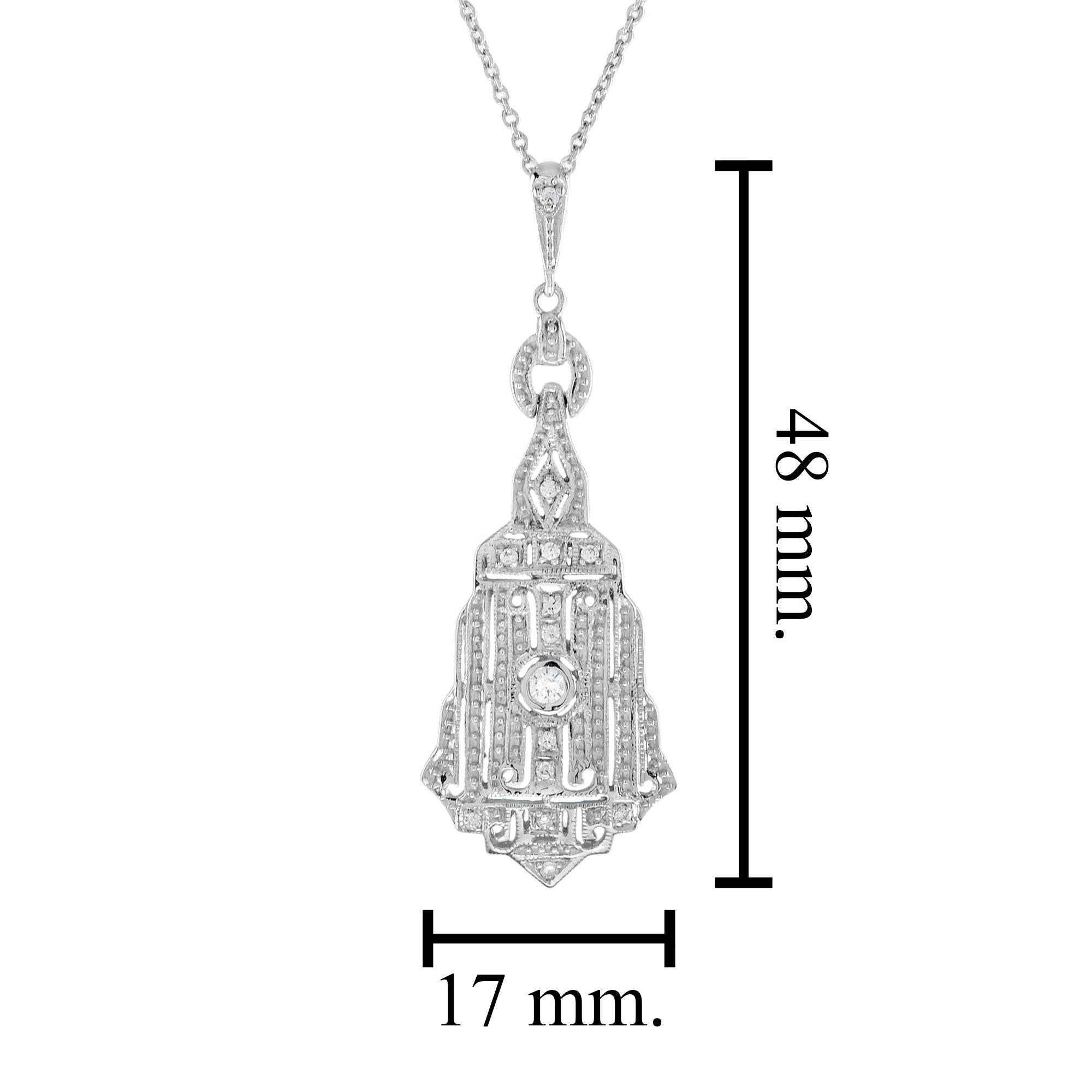 Diamond Art Deco Style Pendant Necklace in 14K White Gold For Sale 1