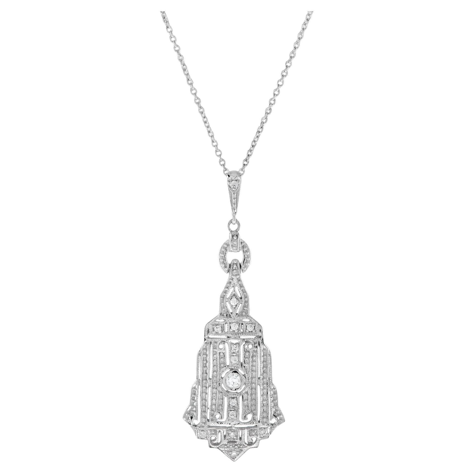 Diamond Art Deco Style Pendant Necklace in 14K White Gold For Sale