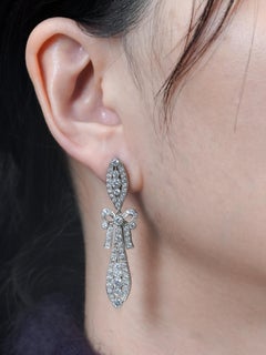 Diamond Art Deco Style Ribbon Bow Drop Earrings in 18K White Gold
