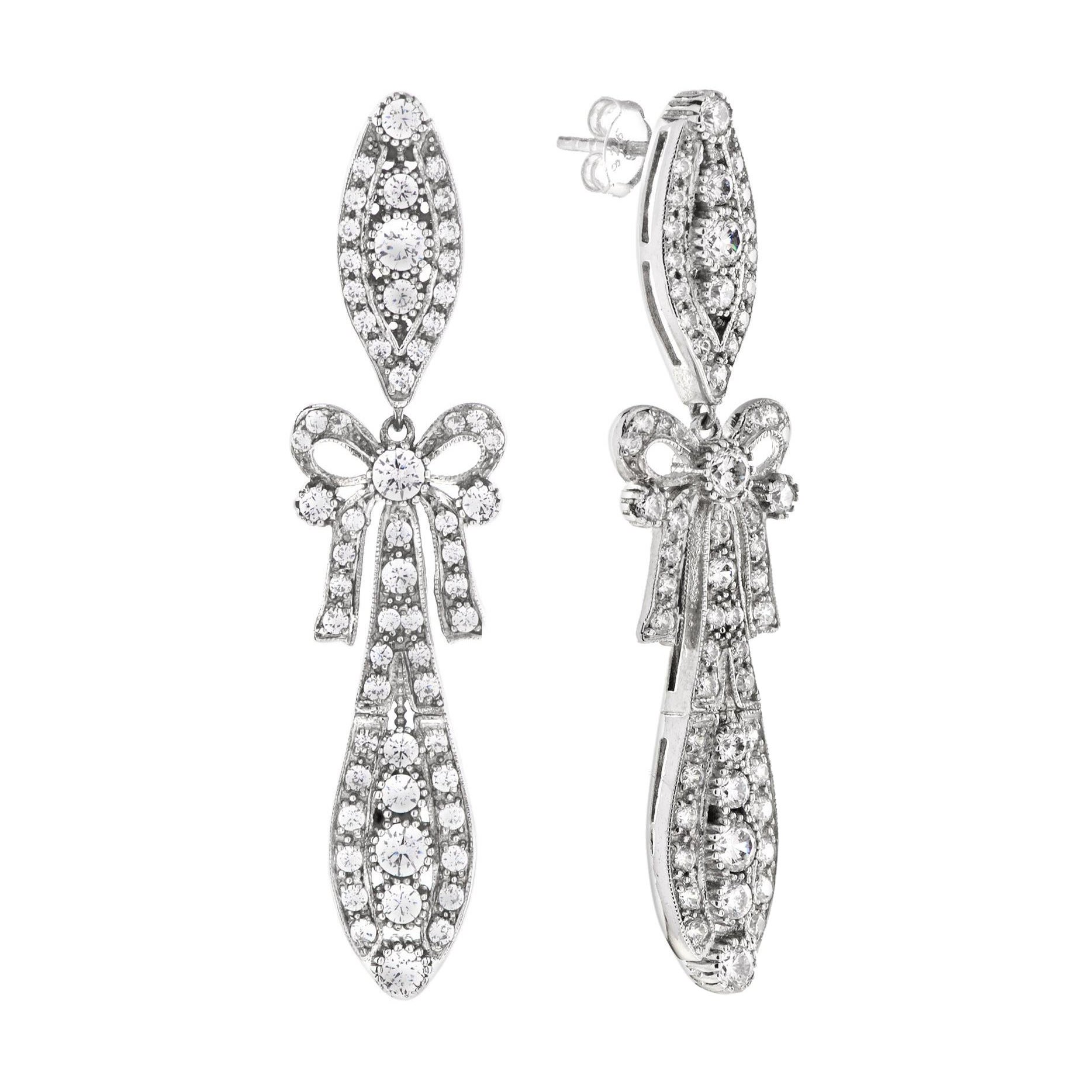 Diamond Art Deco Style Ribbon Bow Drop Earrings in 18K White Gold