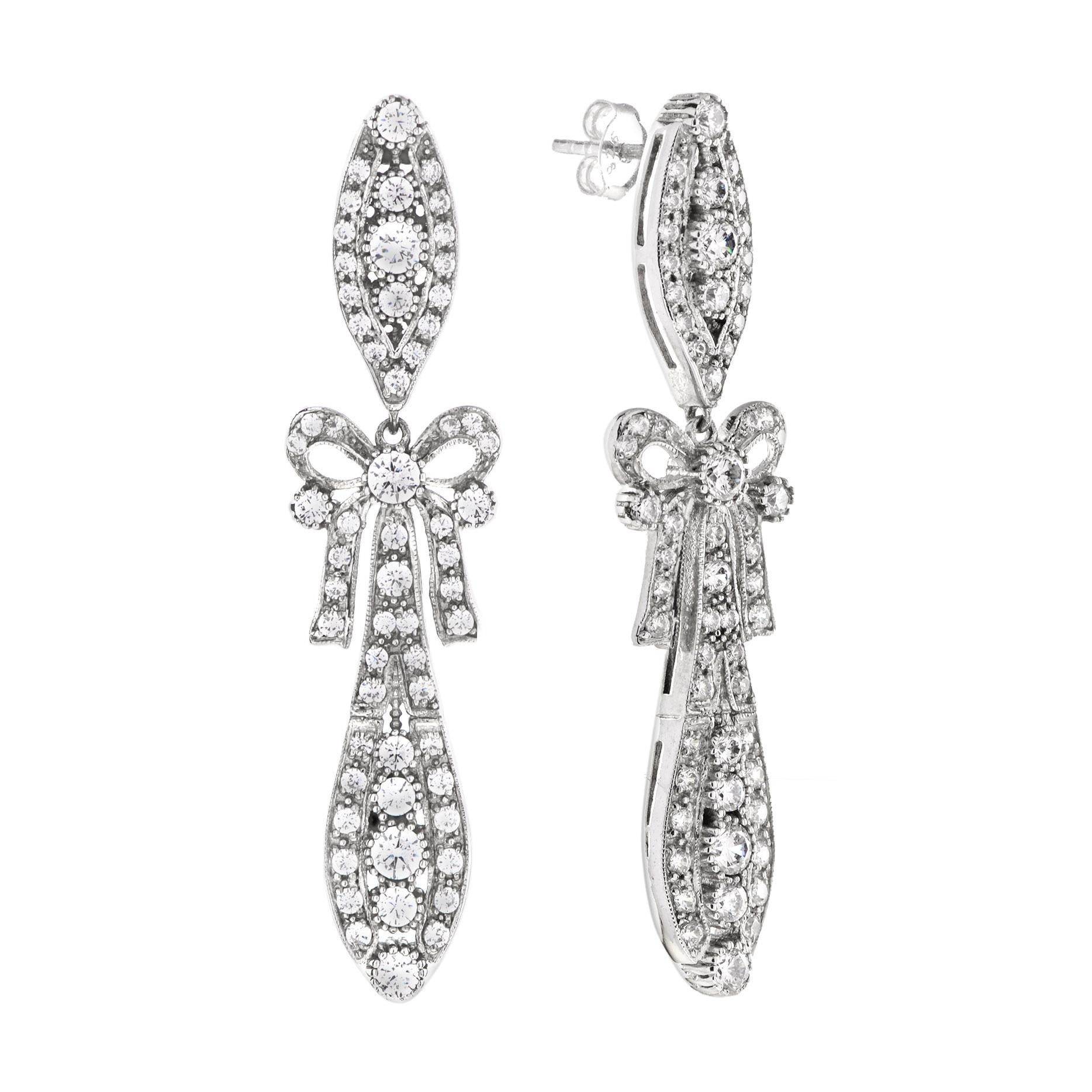 Diamond Art Deco Style Ribbon Bow Drop Earrings in 18K White Gold For Sale