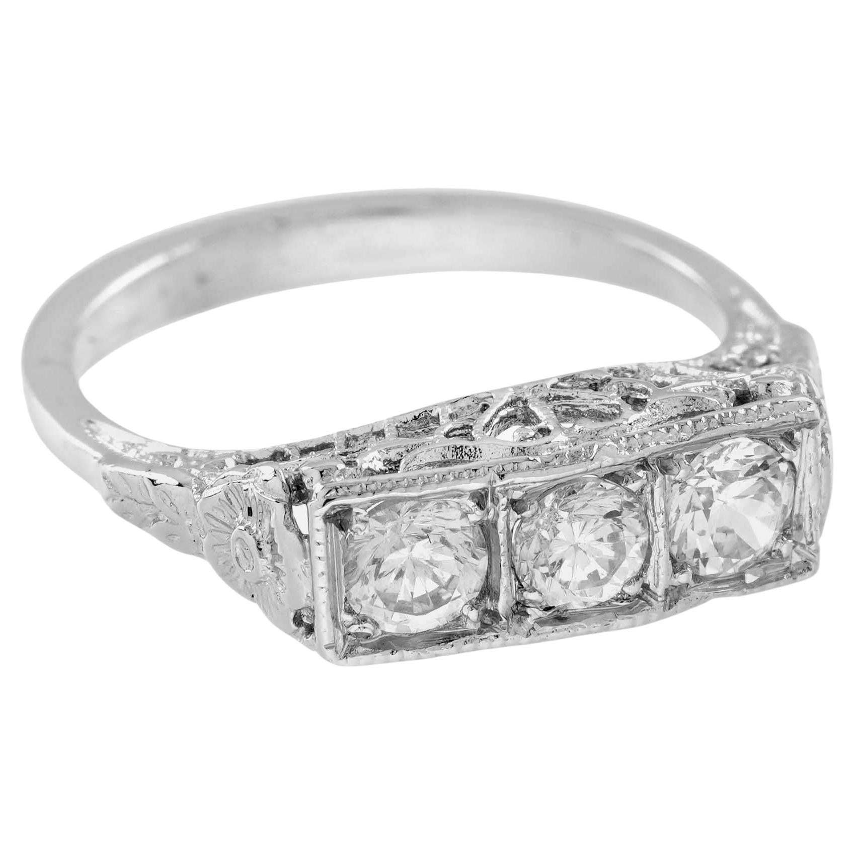 For Sale:  Diamond Art Deco Style Three Stone Ring in Solid 14K White Gold