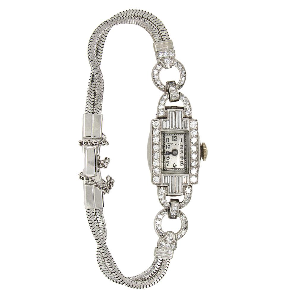 Diamond Art Deco Hamilton women's watch, made circa 1935, is a very fine, 