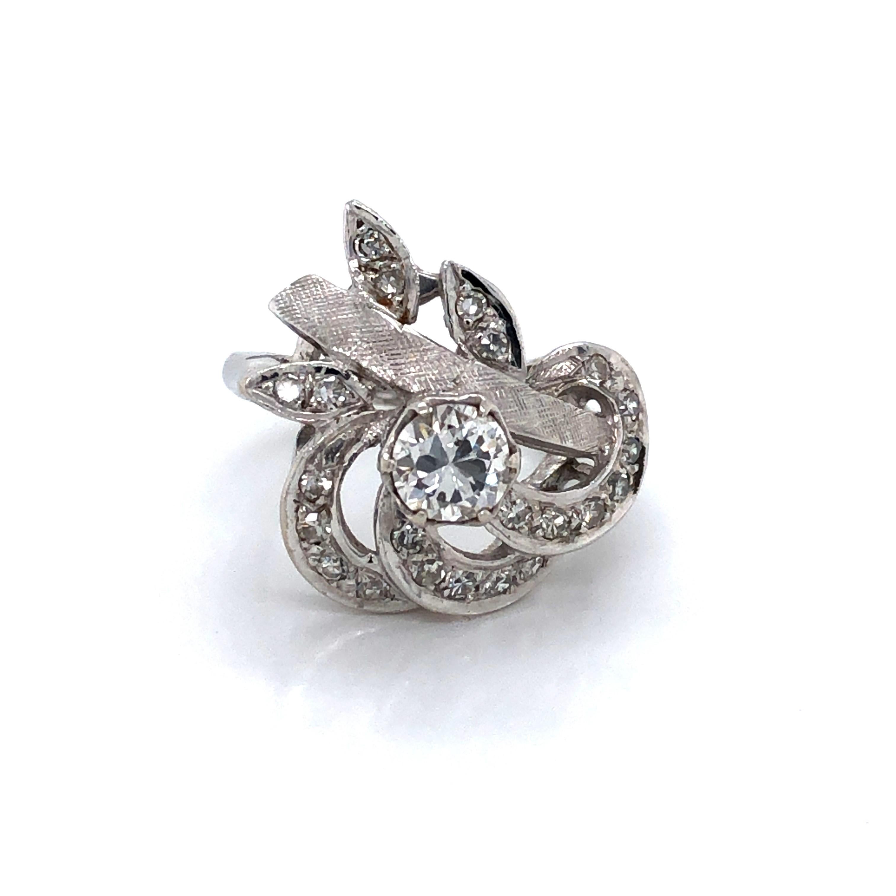 Old Mine Cut Diamond Art Nouveau Style White Gold Ring For Sale
