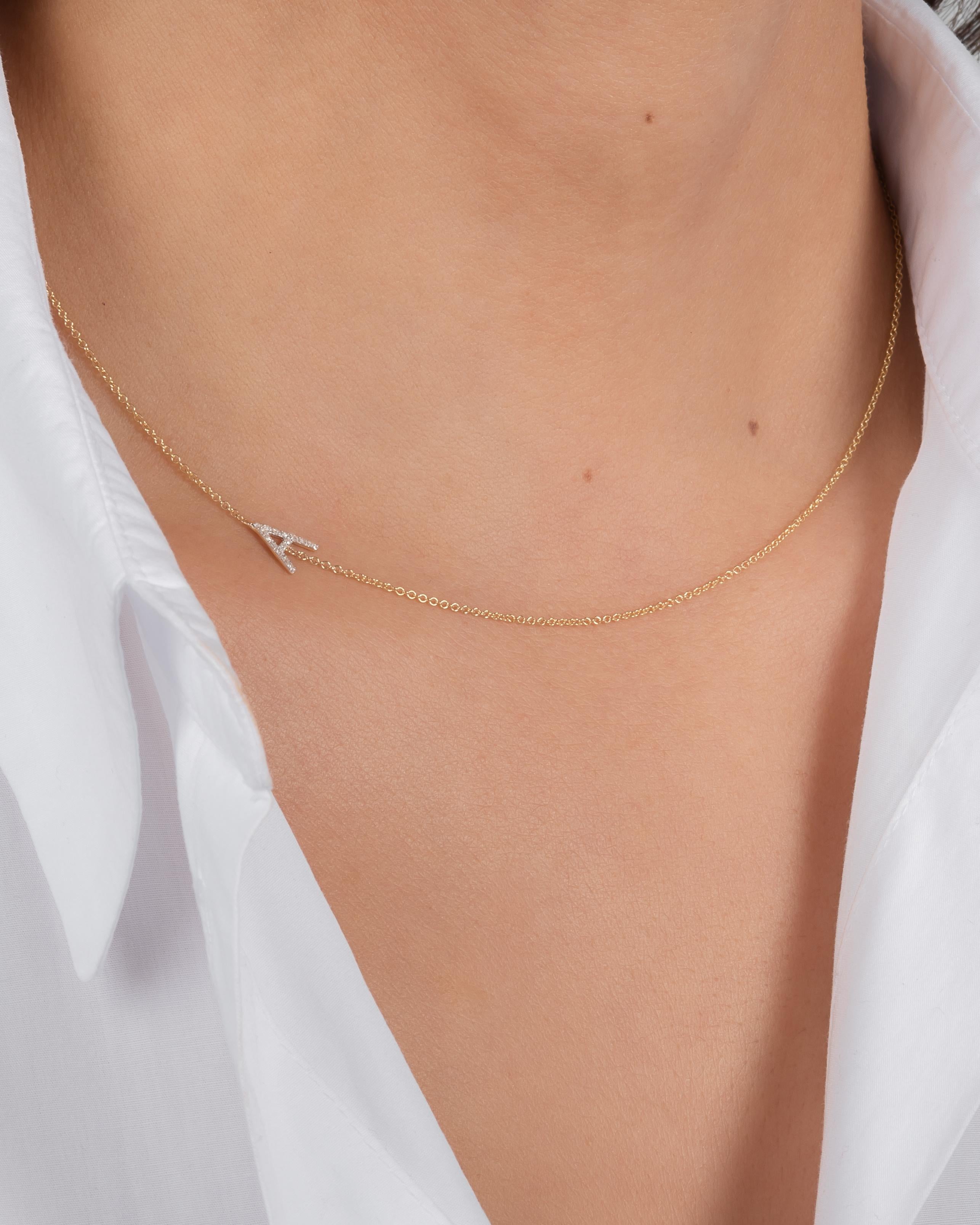 14k solid gold pave diamond asymmetrical initial on a dainty chain necklace with the length of your choice, in 14k yellow Gold, adjustable length of 16