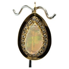 Vintage Diamond Australian Opal Pendant Teardrop Pendant 14K Yellow Gold