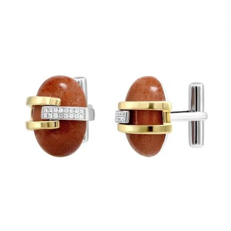 Taille ronde Boutons de manchette pour lui en or blanc avec aventurine et diamant en vente