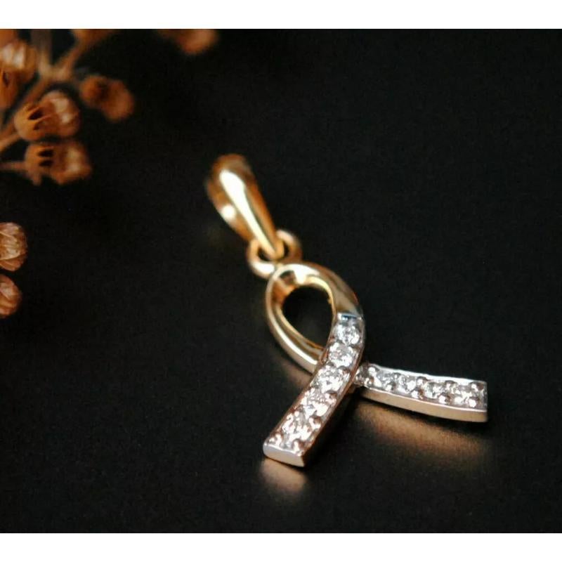 Round Cut Diamond Awareness Ribbon Charm Pendant in 14k Gold Dainty For Sale