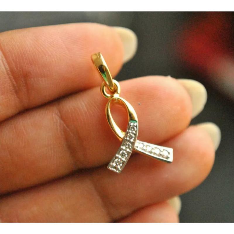 Diamond Awareness Ribbon Charm Pendant in 14k Gold Dainty In New Condition For Sale In Chicago, IL
