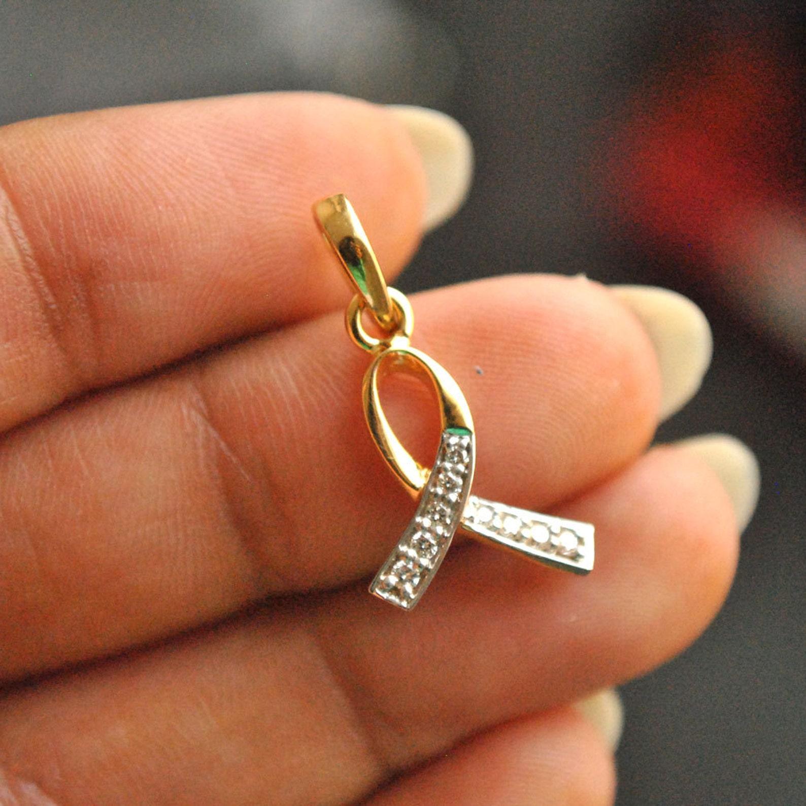 Art Deco Diamond Awareness Ribbon Charm Pendant 14k Gold Dainty Gold and Diamond Pendant For Sale