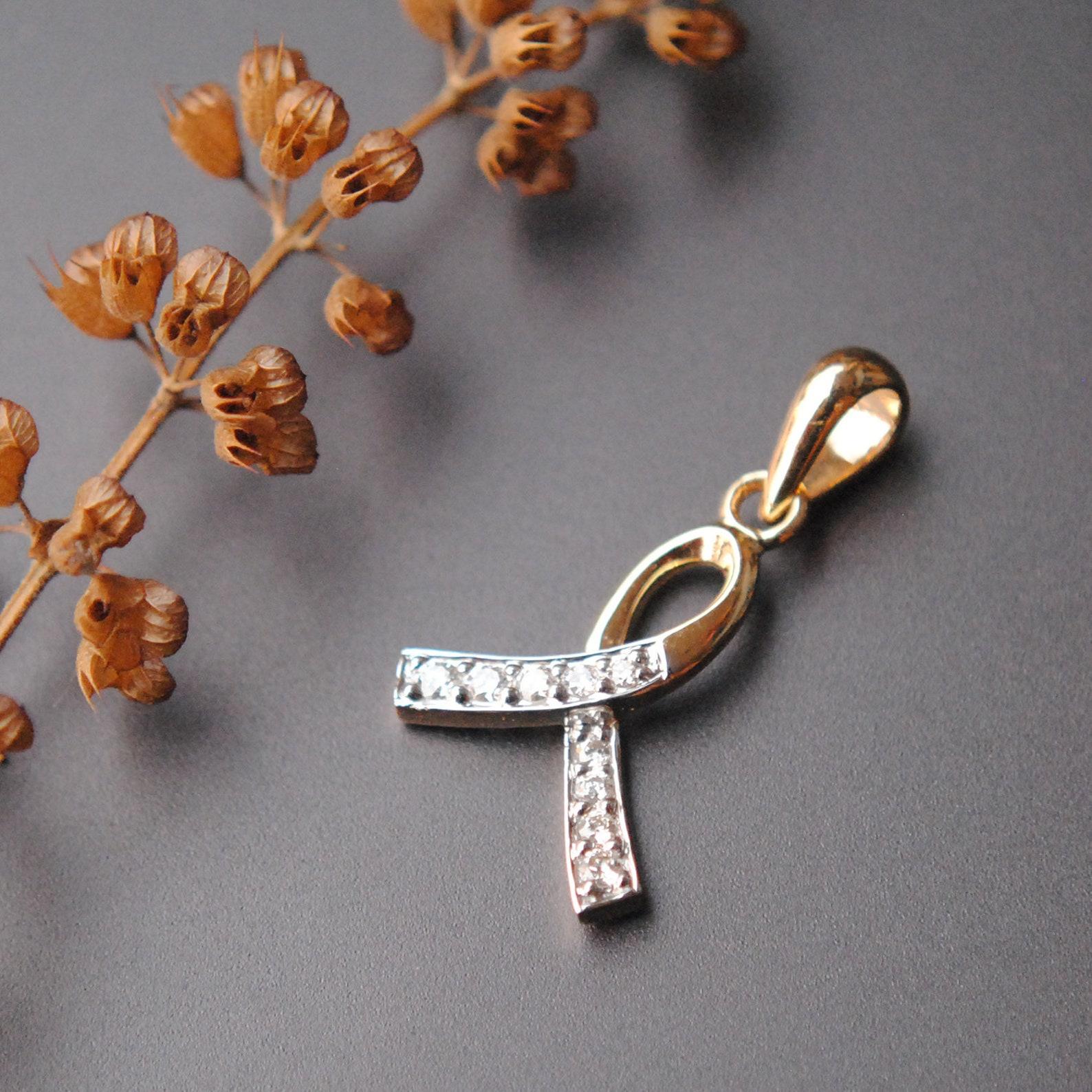 Women's or Men's Diamond Awareness Ribbon Charm Pendant 14k Gold Dainty Gold and Diamond Pendant For Sale