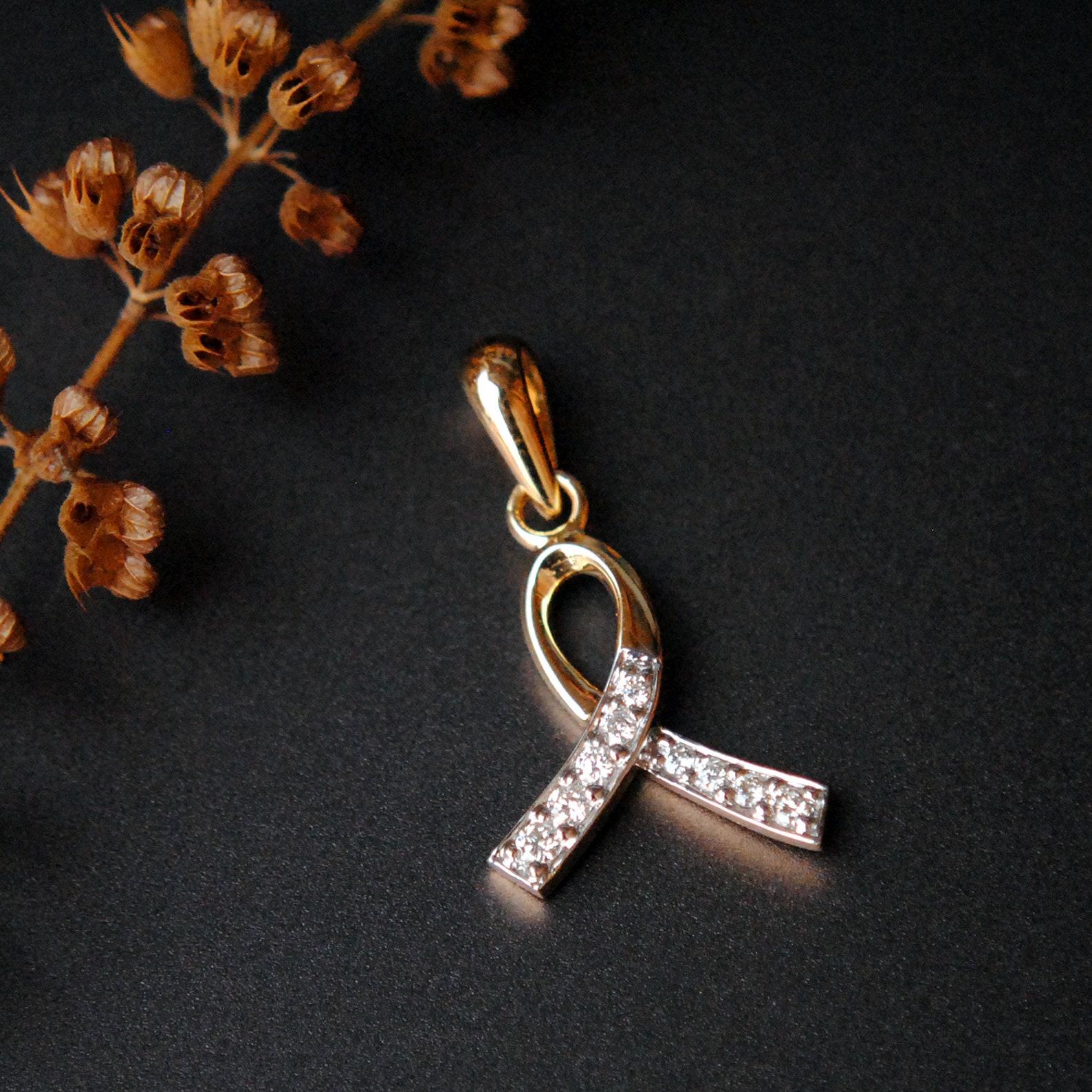 Diamond Awareness Ribbon Charm Pendant 14k Gold Dainty Gold and Diamond Pendant For Sale 1