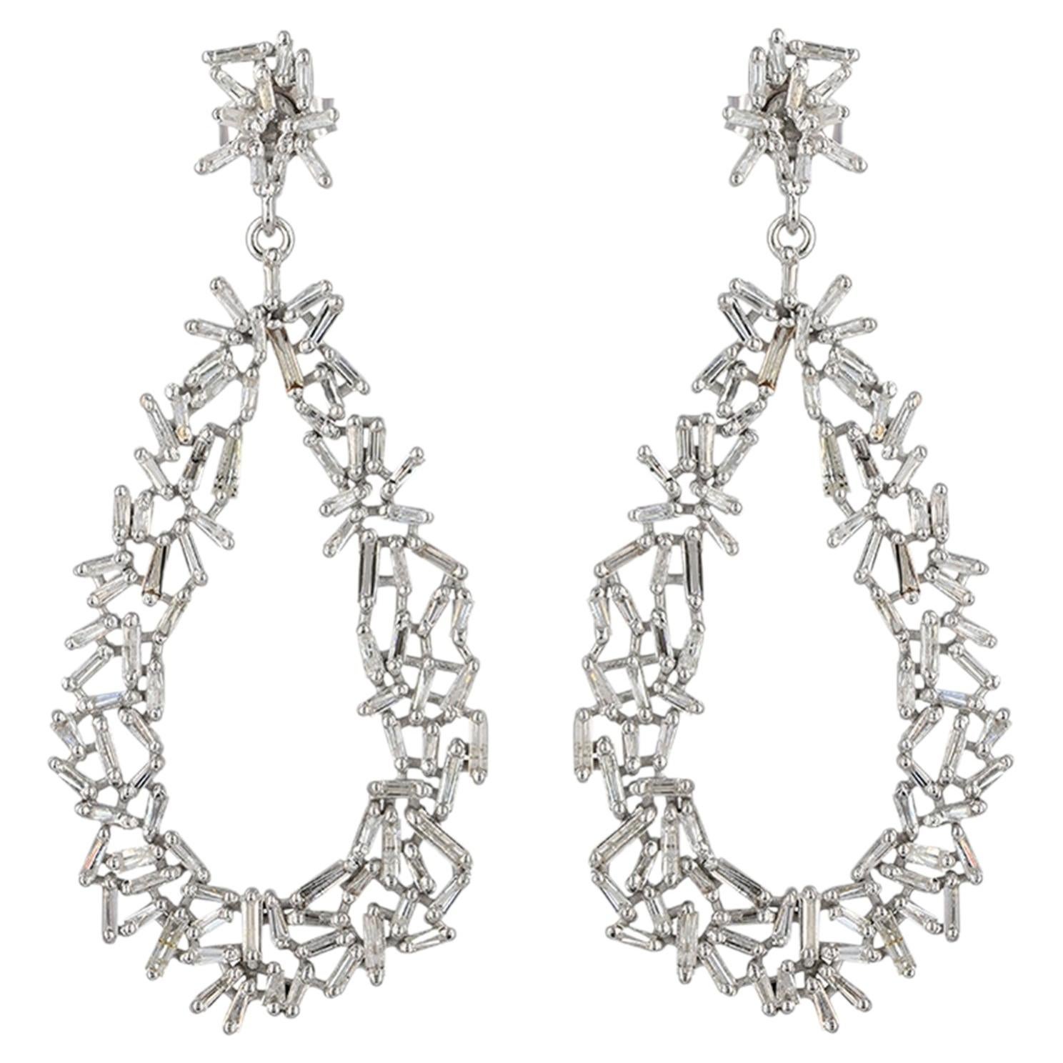 Diamond Baguette 14kt White Gold Teardrop Dangle Fine Earrings Jewelry