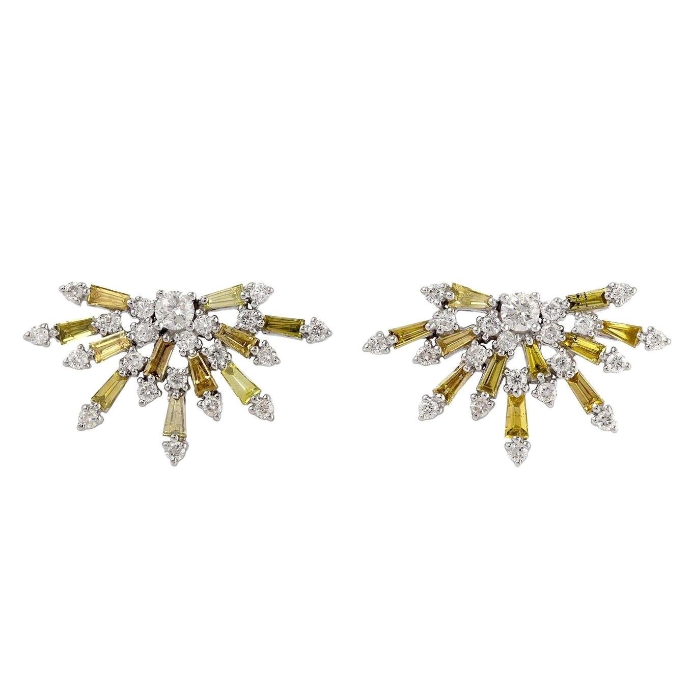 Diamond Baguette 18 Karat Gold Starburst Stud Earrings