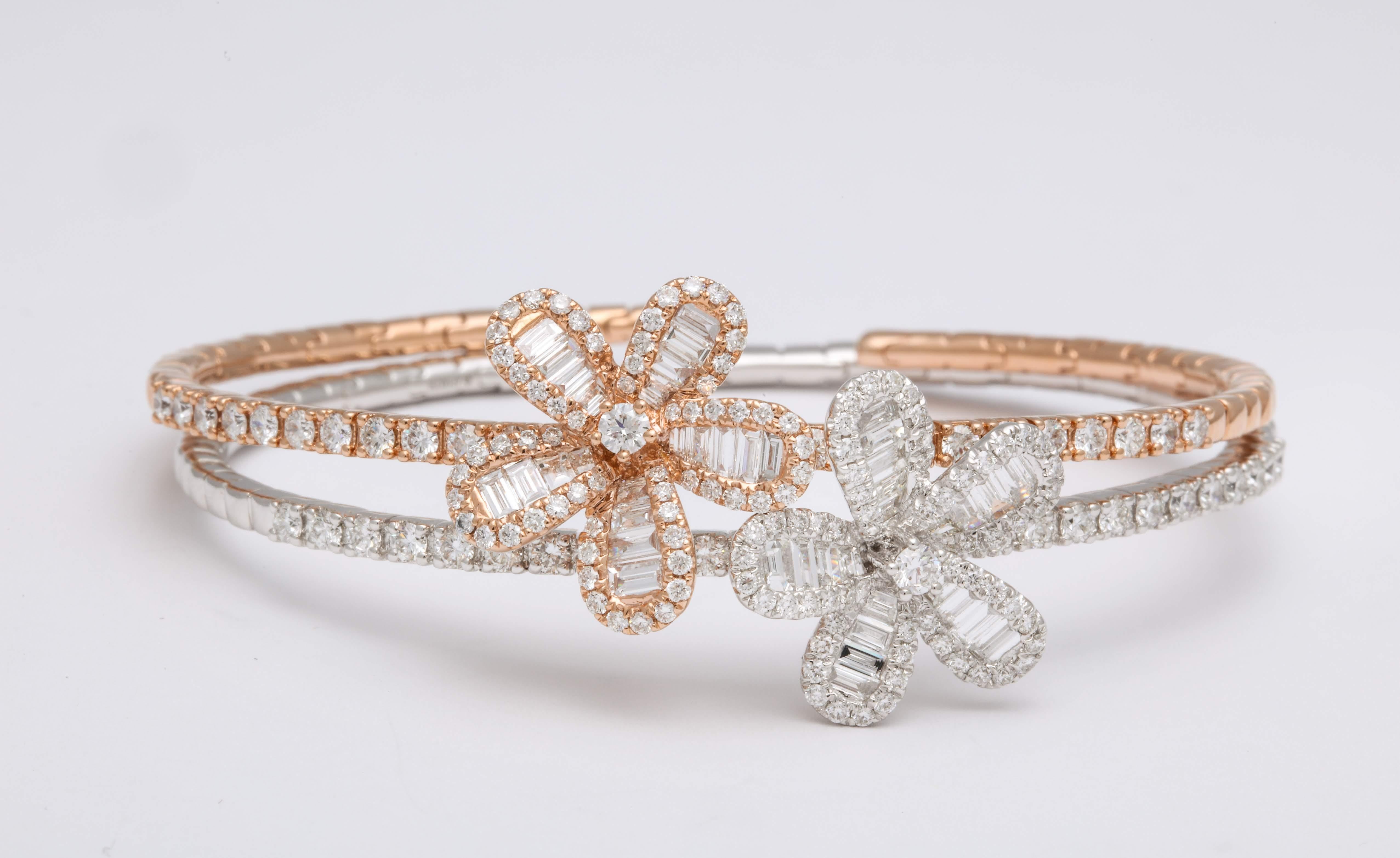 Diamond Baguette and Rose Gold Floral Charm Clip Bracelet For Sale 4