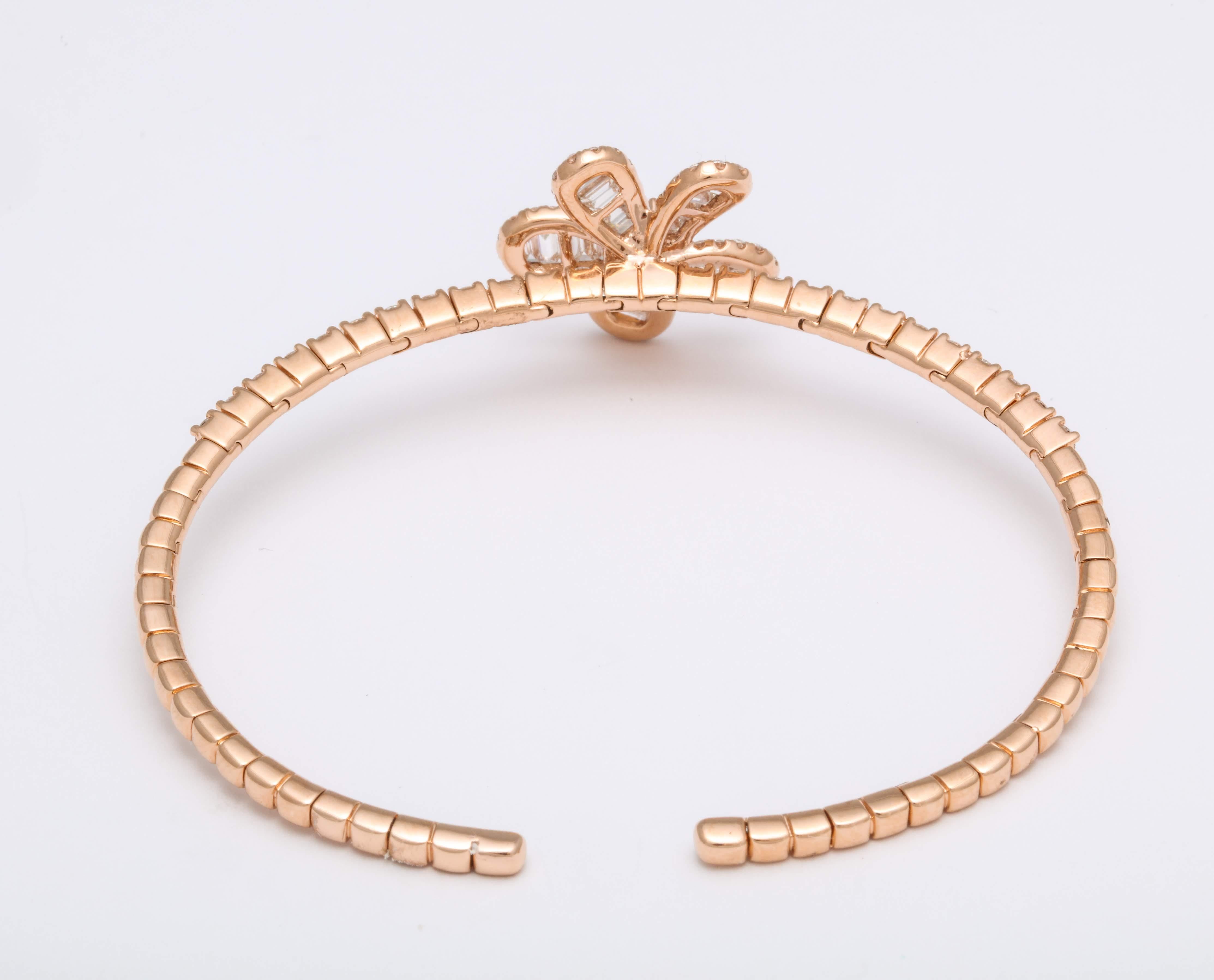 Women's Diamond Baguette and Rose Gold Floral Charm Clip Bracelet For Sale