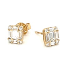 Diamond Baguette and Round Earrings in 18k Yellow Gold, .65 Carats Total