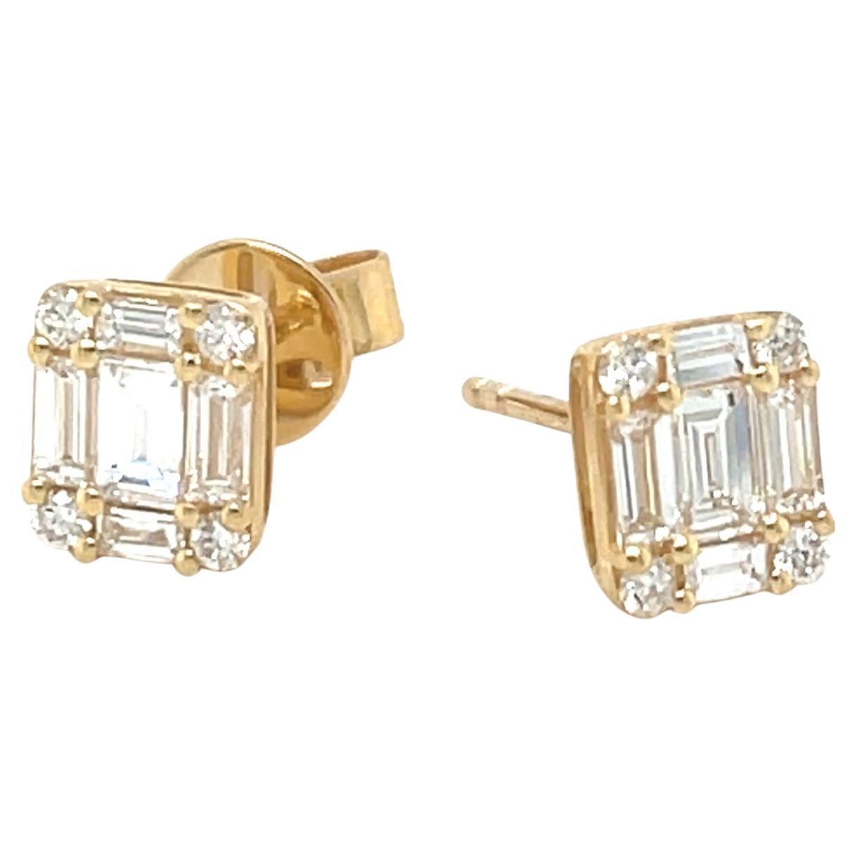Diamond Baguette and Round Earrings in 18k Yellow Gold, .65 Carats Total