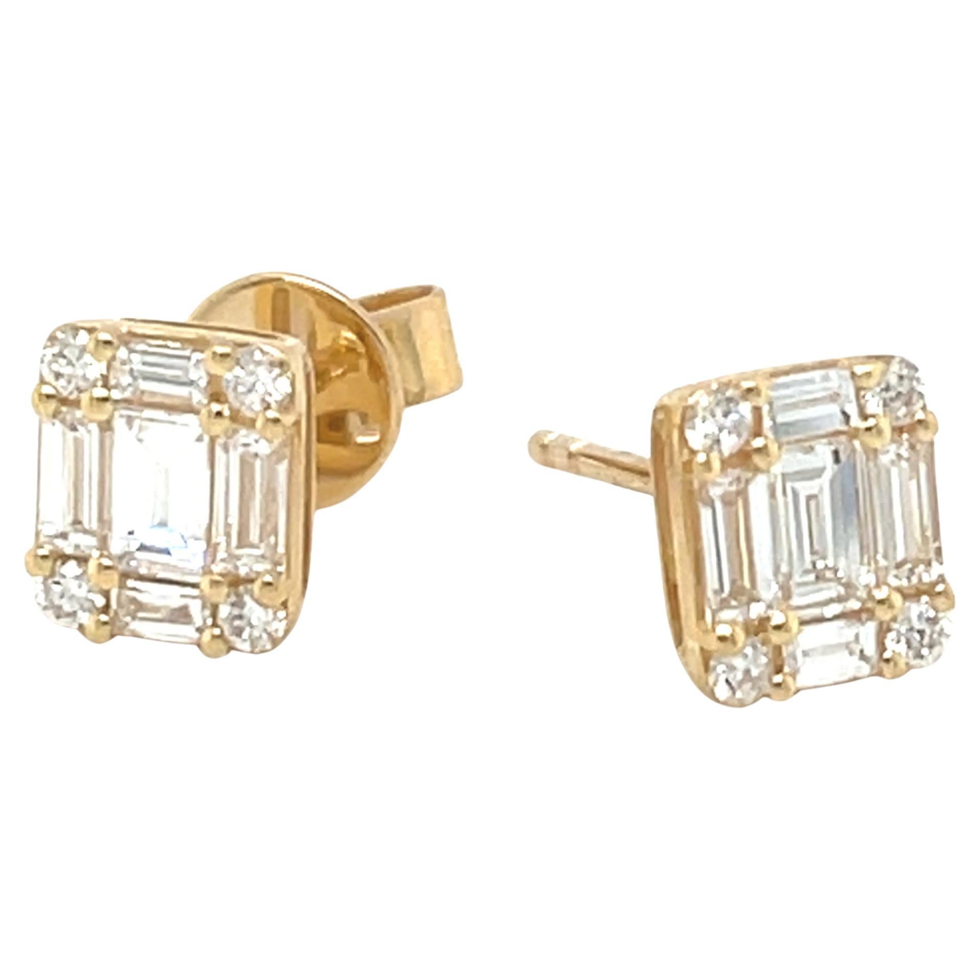 Diamond Baguette and Round Earrings in 18k Yellow Gold, .65 Carats Total For Sale